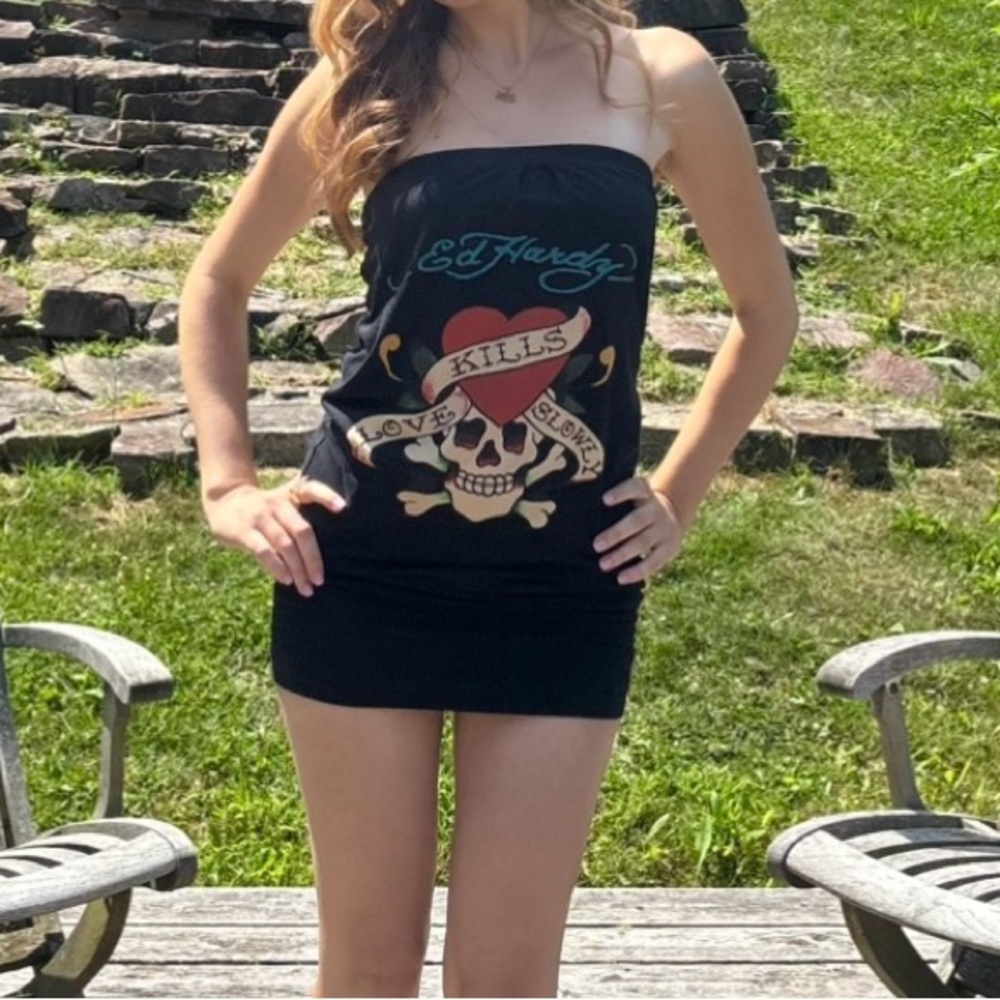 Rare Vintage Ed Hardy Black Strapless Tank Top with Skull and Heart Design - Picture 2 of 3